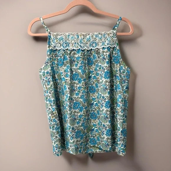LOFT Floral Cami Blouse Cottage Blue Spaghetti Strap Top Lace Accent Sz Small P - Picture 3 of 9